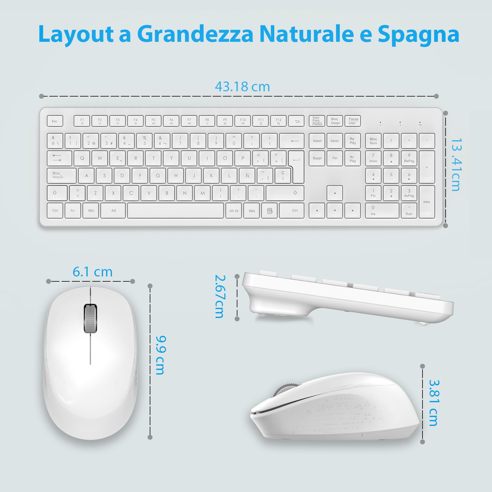 LeadsaiL Teclado y Raton Inalámbrico, Teclado y Raton Inalambrico Ergonómico, Español QWERTY, Tamaño Completo con Teclado Numérico, Receptor USB 2.4 GHz for Mac, PC, Ordenador Portátil-Blanco