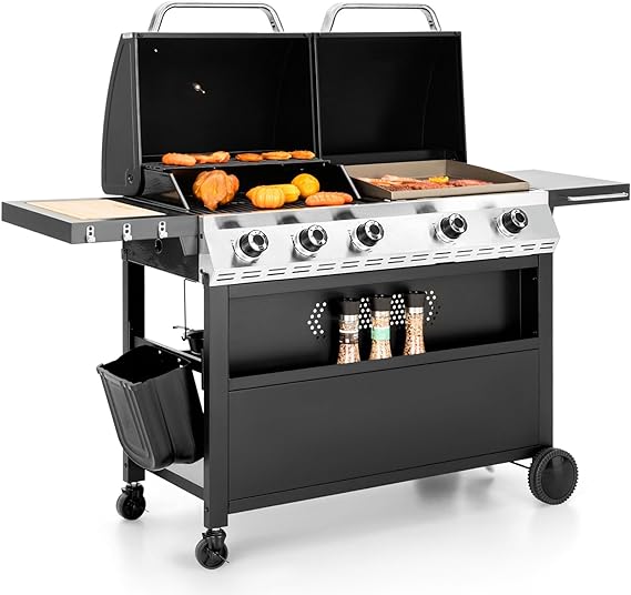 Sophia & William Propane Gas Grill and Griddle Combo with Porcelain-Enameled Cast Iron Grates, Dual Outdoor BBQ Grill with Flat Top Griddle for Barbecue, 696 SQ.IN. Cooking Area