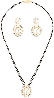 ZAVERI PEARLS Gold Tone Austrian Diamonds Embellished Round Shape Beaded Mangalsutra & Earring Set For Women-ZPFK17077