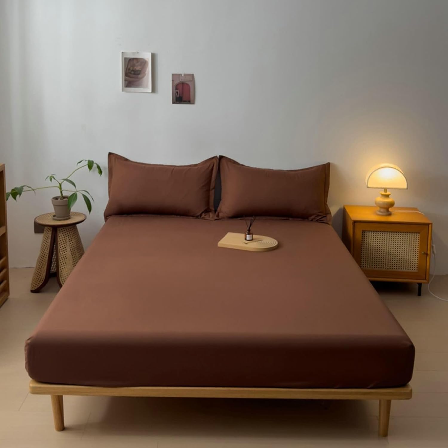 Fitted Sheet and Pillowcase Set 3 Piece, Cotton Bedsheets Deep Pocket Solid Coffee, 200x220cm