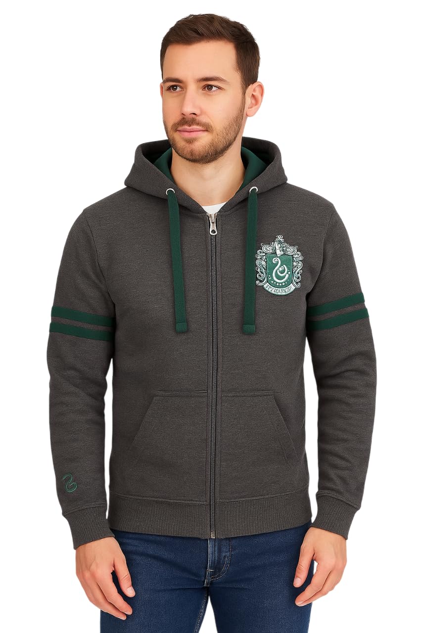 Gwcc Unisex Charcoal Licensed Harry Potter Slytherin Zipped Hooded Sweatshirt