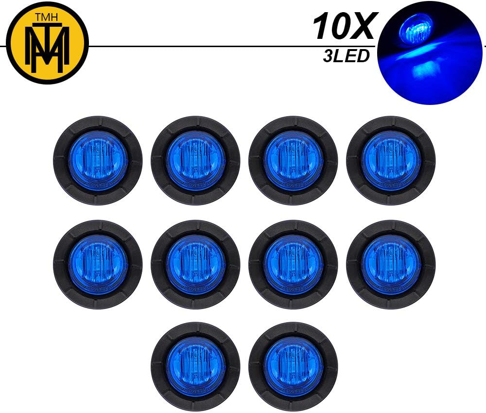 TMH 10 Pcs 3/4 Inch Round Blue LED Side Marker Indicator Clearance Lights SMD 3 LED with Grommets Universal for Truck Trailer Pickup Boat Bus Van SUV 12V DC 3led