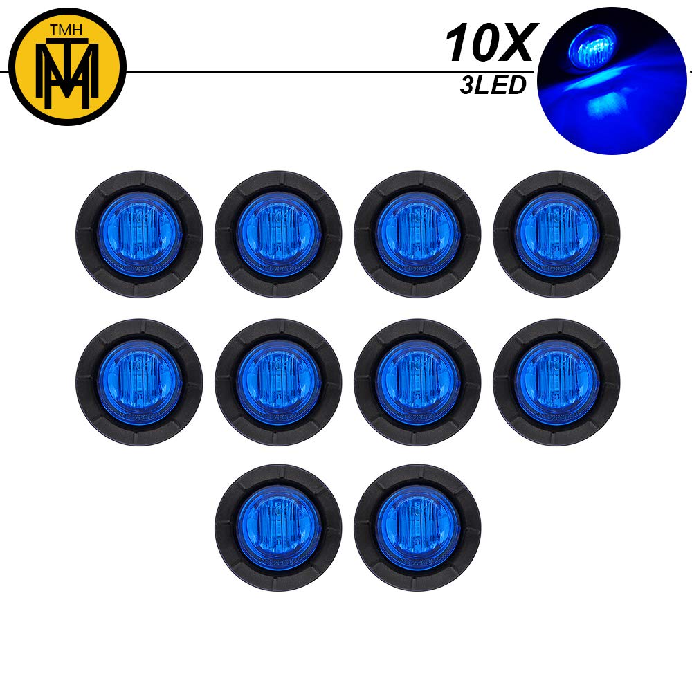 TMH 10 Pcs 3/4 Inch Round Blue LED Side Marker Indicator Clearance Lights SMD 3 LED with Grommets Universal for Truck Trailer Pickup Boat Bus Van SUV 12V DC 3led
