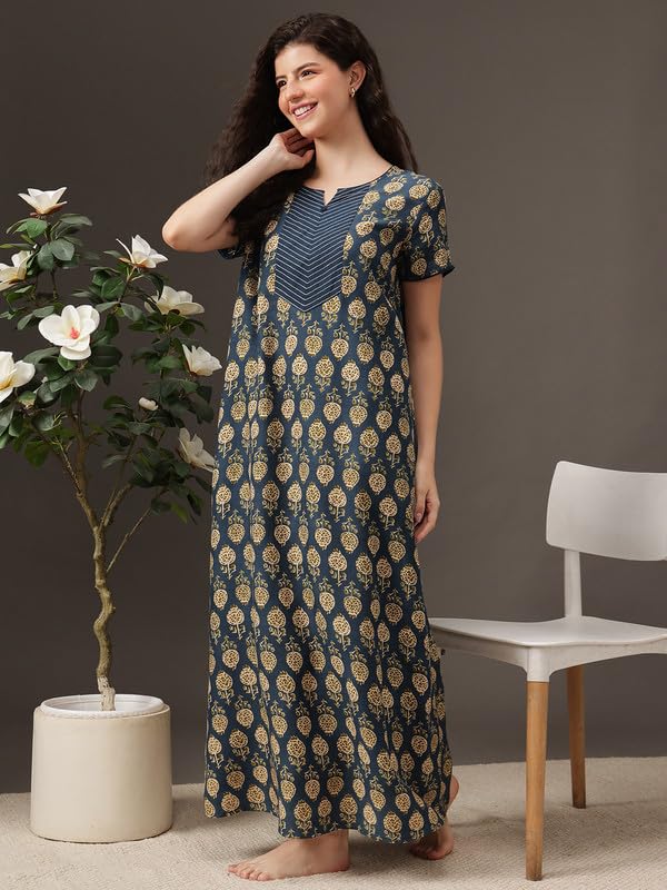 Image of Clovia Women's Rayon Long Nighty in Navy Blue