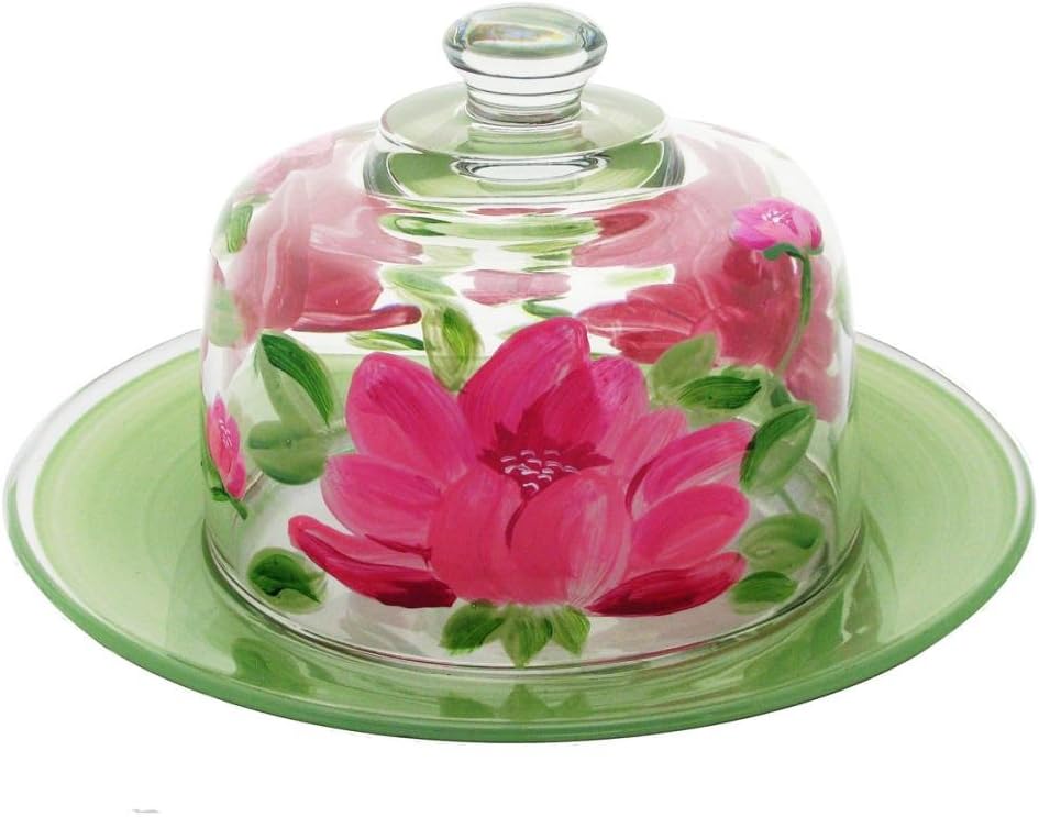 Hand Painted Cheese Plate and Dome - Polynesian Peony Collection - Hand Painted Glassware by USA Artists - Unique and Decorative Covered Cheese Plates, Kitchen Table Décor