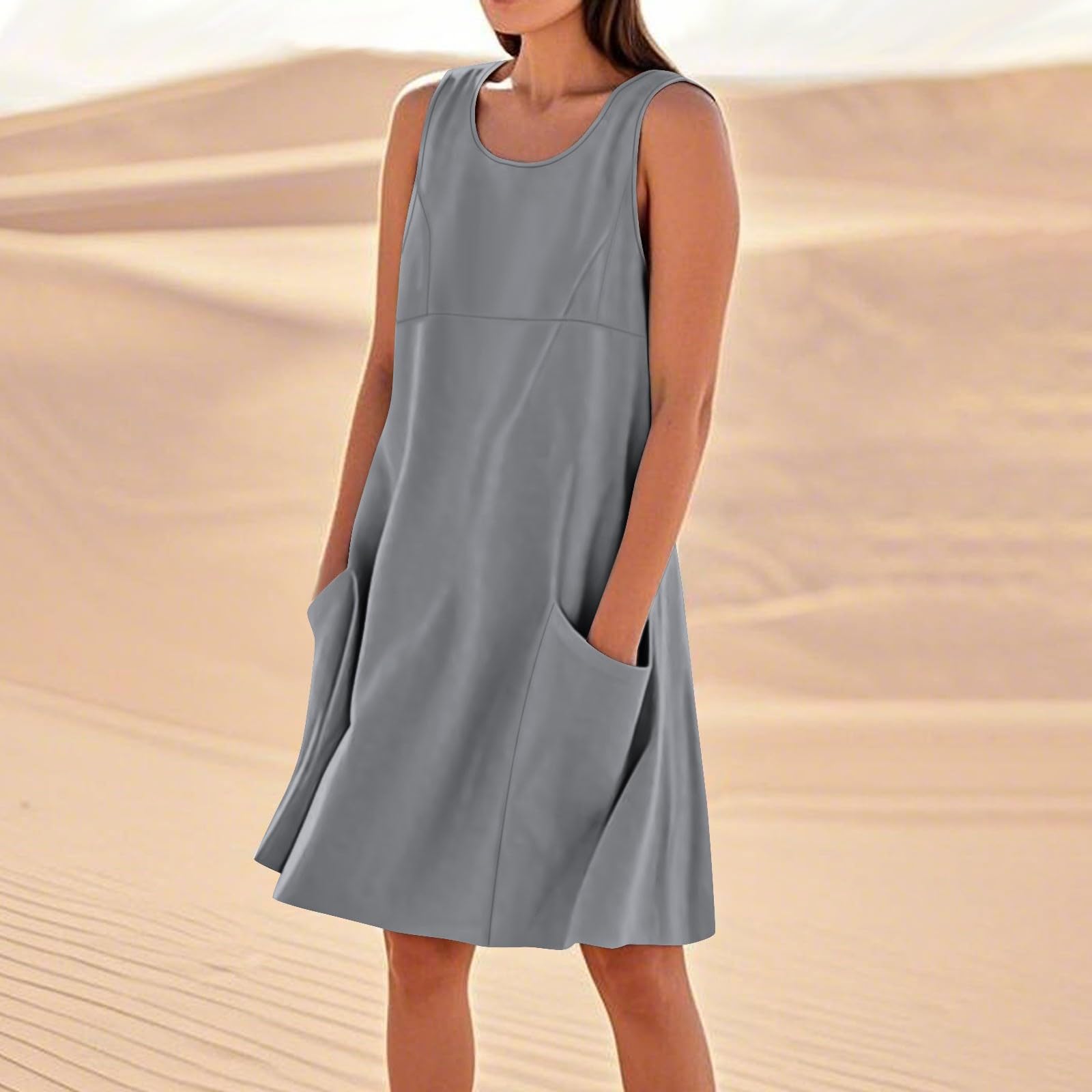 Cotton Linen Dresses for Women Casual Summer Sleeveless Tank Dress with Pockets Trendy Boho Flowy Beach Sundress(Gray,3X-Large)