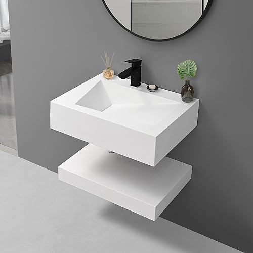 QJ&XY Resin Bathroom Sink 24" Wall Mounted V-Shaped White Basin