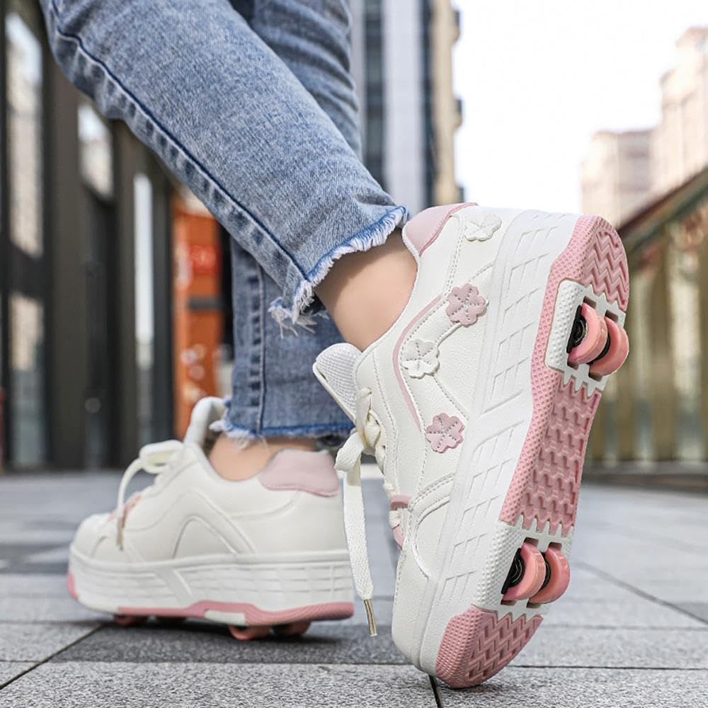 Pattini A Rulli in Stile Floreale, Scarpe per Pattini A Rulli per Ragazza Ragazzo, Quattro Ruote Trainer Pattini A Rulli Adulti Adolescenti Unisex con Ruote Posteriori Ritirabili,Pink-EU34