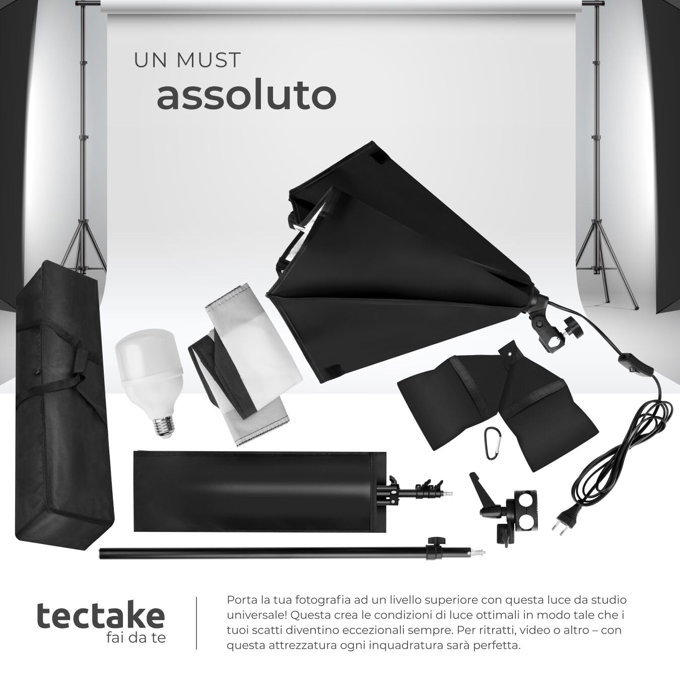 tectake® Set Softbox Luci per Studio Fotografico con Lampada, Set Fotografico 17 pz, Struttura Alluminio, 3 Stativi per Luci, 3 Lampade 6500K led 18 W, 3 Softbox, 1 Stativo a Giraffa, 4 Borse - Nero