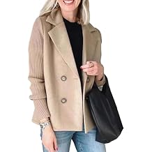 Women's Lapel Button Knitted Patchwork Sleeve Casual Coat,Trendy Double Breasted Pea Coats with Pockets,Winter Blazer Loose Jackets Tops