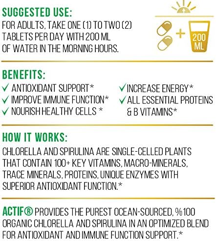 Miniatura 2 de ACTIF Clorella y espirulina orgánica 100% limpiada en el océano, sin OMG, el mejor suplemento de dieta vegana y desintoxicante, fabricado en Estados