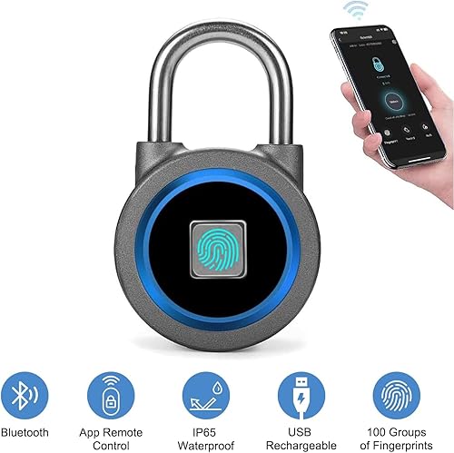 Miniatura 2 de Candado inteligente de huellas dactilares, bloqueo Bluetooth, aplicación móvil, candado inteligente con biométrico sin llave, resistente al agua,