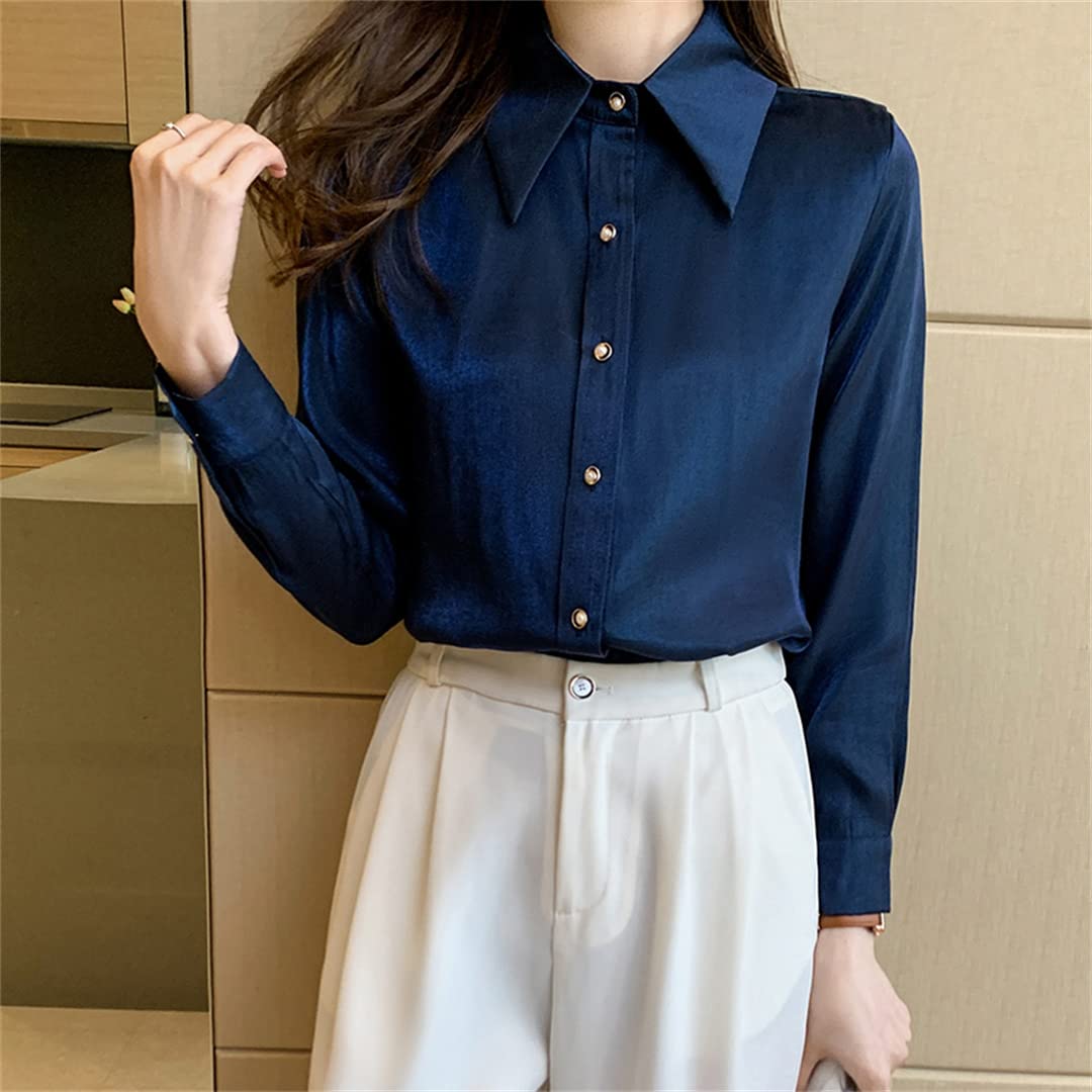 Chemise à Revers à Manches Longues pour Femmes Blouses en Satin Ample décontractées Femme Affaires Travail Chemise en Soie Formelle