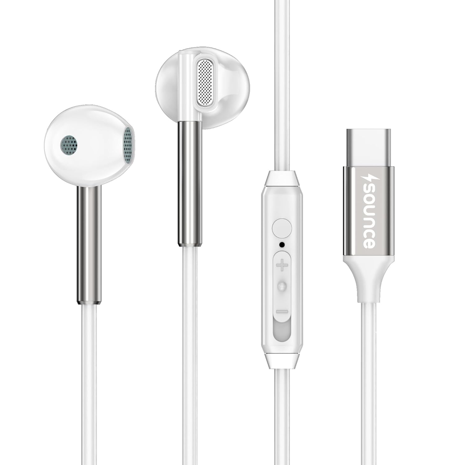 Sounce C Type Wired Earphones with in-Line HD Mic, 14.2mm Dynamic Drivers, Crystal Clear Stereo Sound, Unique Ergonomic Earbuds Design, Anti-Tangle TPE Wire, in-Line Controls (White)