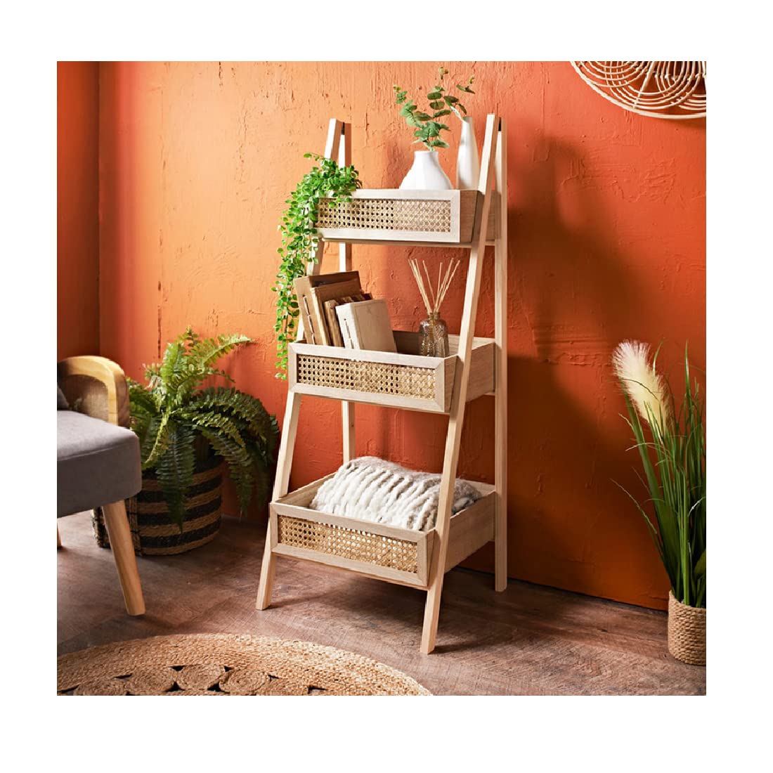 Buy 3 tier cane ladder bookcase shelf Display wooden Shelf with rattan design decoration