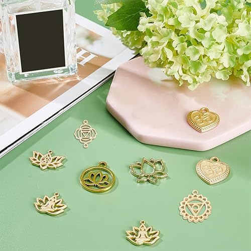 Miniatura 4 de SUNNYCLUE 1 caja de 48 piezas de 12 estilos de dijes de yoga a granel, colgantes de loto de chakras, conectores de eslabones Ohm Aum, dijes de