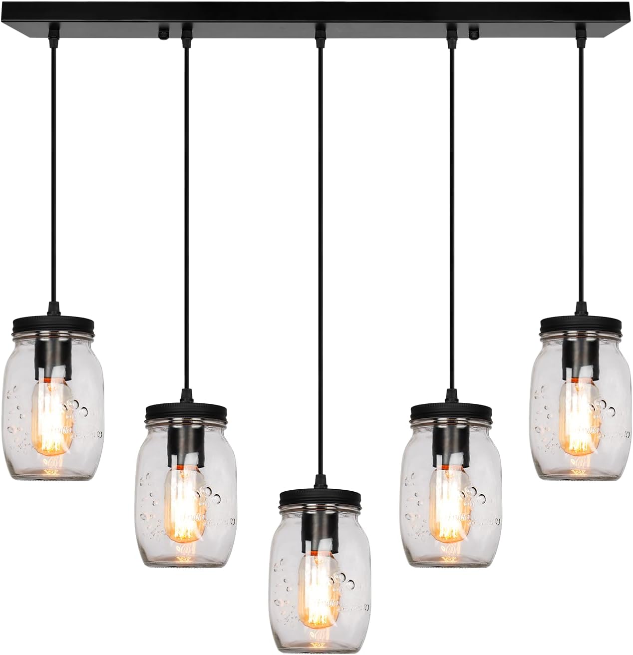 Glass Mason Jar Light Fixtures 5-Light Adjustable Hanging Pendant Lighting Black Country Farmhouse Lights for Kitchen Island Dining Room Foyer Stairway Hallway Entryway Porch. 5 Lights