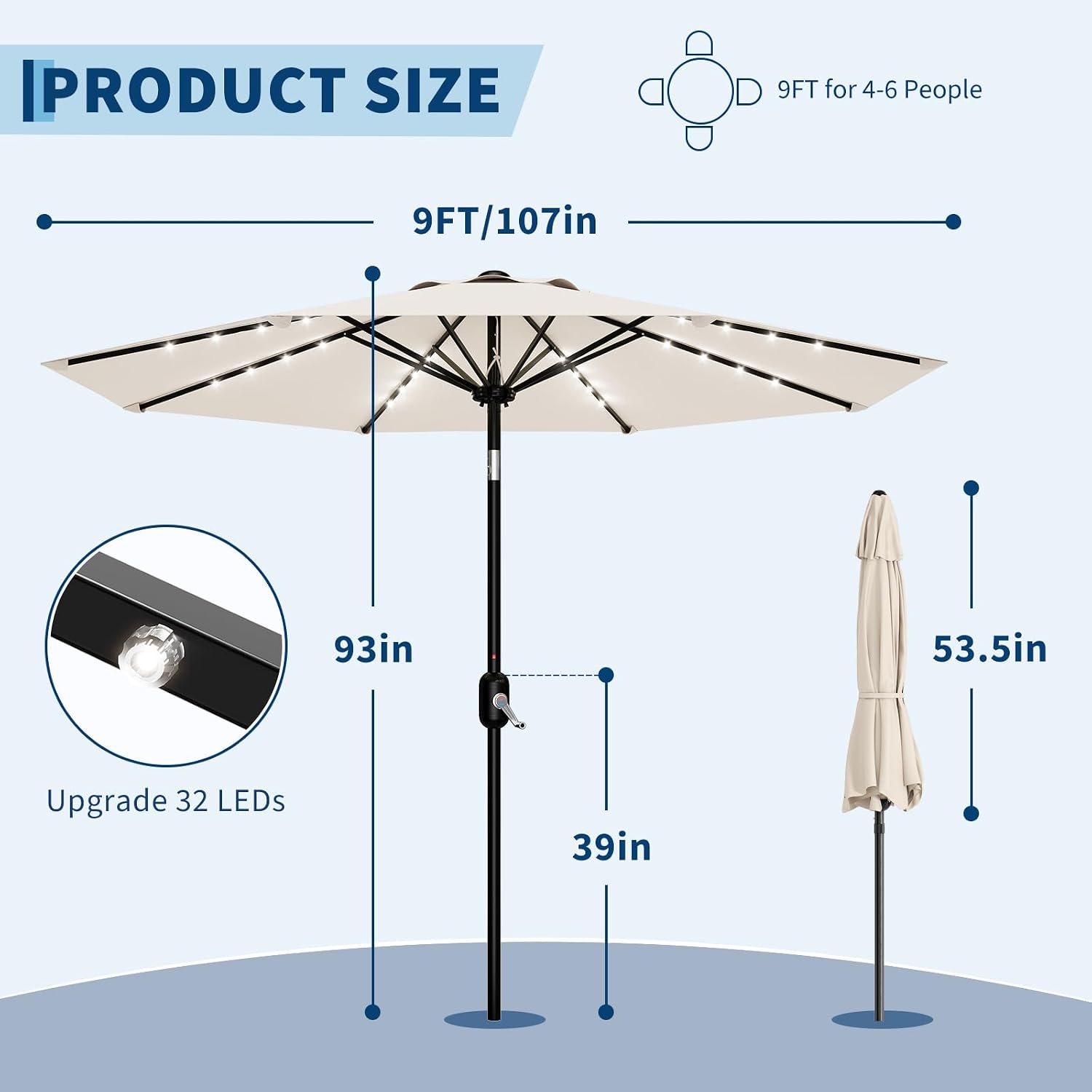 Garvee Patio Umbrella with Solar Lights, Outdoor Table Umbrella with 8 Durable Ribs, Tilt & Crank Mechanism, Waterproof & UV Protection for Garden, Backyard, Poolside (Beige, 9 FT)