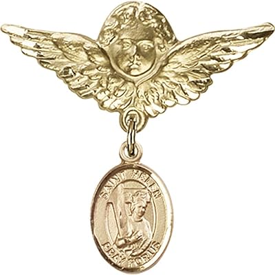 14kt Yellow Gold Baby Badge with St. Helen Charm and Angel w/Wings Badge Pin 1 1/8 X 1 1/8 inches