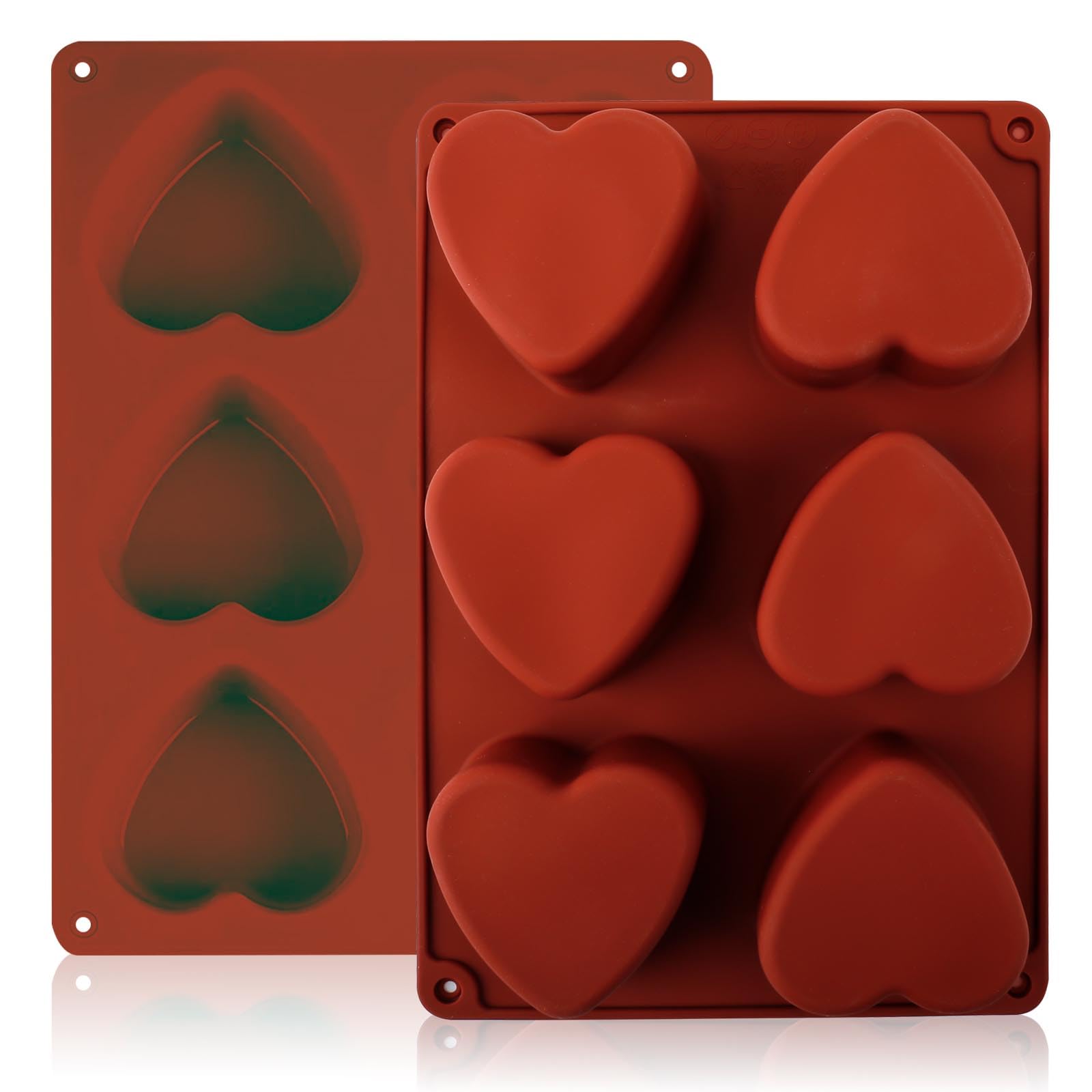 6 Cavity Heart Silicone Soap Mold, Xirdkur Heart Shaped Candy Moulds for Making Handmade Bath Bombs, Candles, Cake, Chocolate and Jelly (Brown) Gifts Decoration, 2 Packs