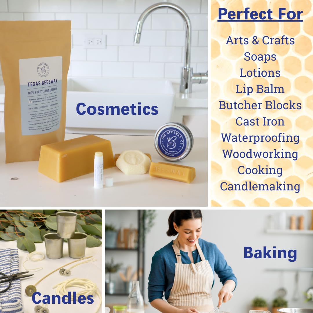 The Beeswax Co Pure Texas Beeswax Block - Ultra Clean - Naturally Filtered & Honey Scented - Premium Food Grade Yellow Beeswax for Candles, Butcher Blocks, Etc - Organic Bees Wax Bars - 1lb