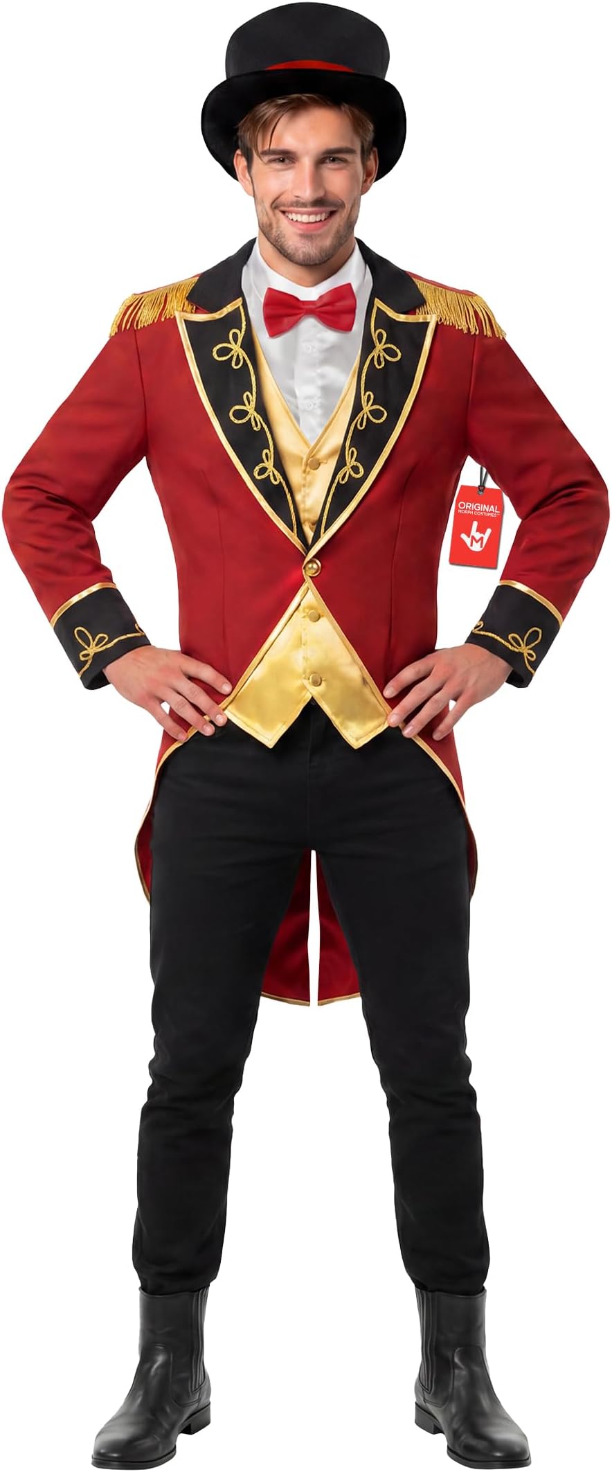 Fun Shack Ringmaster Costume, Circus Costume, Halloween Costumes for Men | Red Tailcoat Jacket with Attached Waistcoat, Shirt, Bowtie & Hat Included, Perfect for Halloween, Great for Fancy Dress