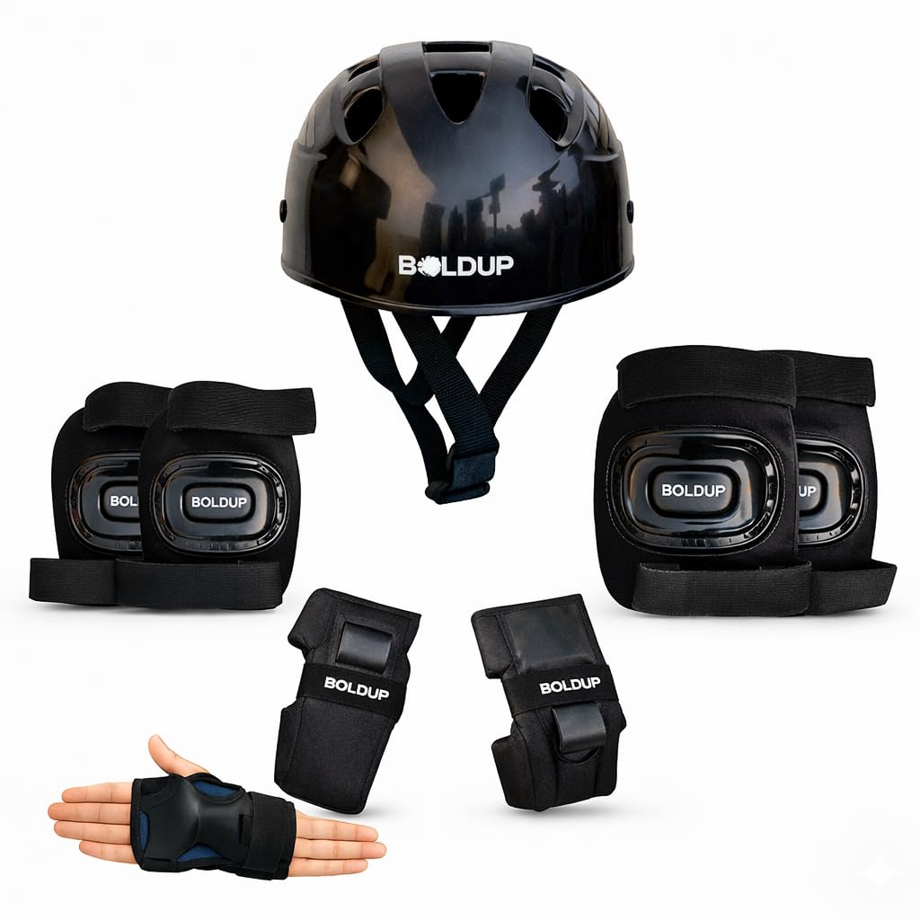Protective Gear Set with Helmet – Knee Pads, Elbow Pads & Wrist Guards | Impact-Resistant Safety Kit for Skating, Cycling, Scooter & Skateboard (Skating Guard Kit Black)-image-46