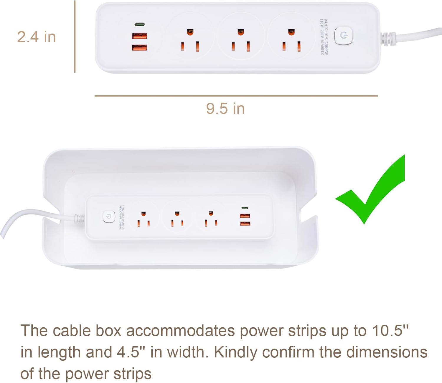 Eichzer Cable Management Box, Premium Cord Organizer Box to Hide Surge Protector on Desk, Power Strip Cover for TV Computer Home Router Office (White)