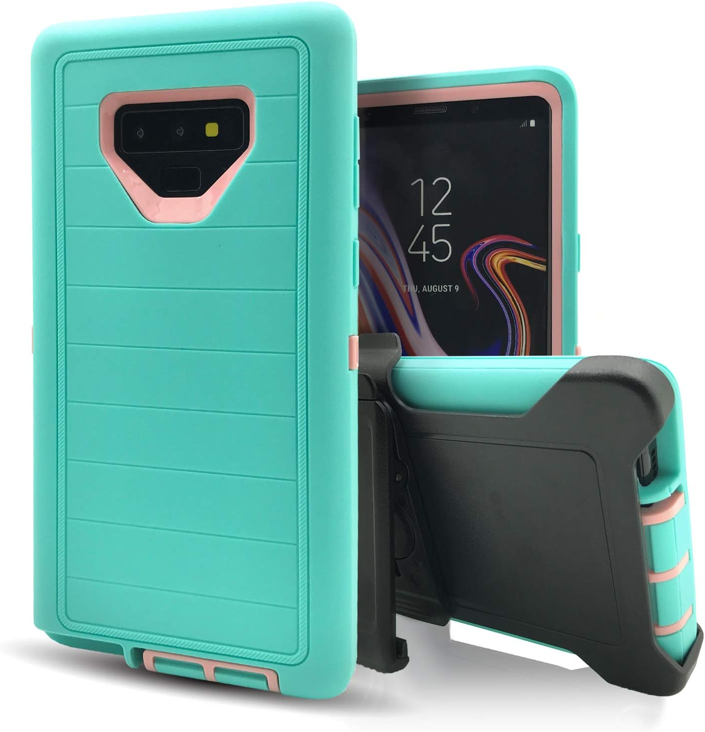 Samsung Galaxy Note 9 Case,Note 9 Phone Case with Belt Clip,Vodico Heavy Duty Defender Holster with Kickstand Military Shockproof Rugged Armor Silicone Non-Slip Grip Bumper Cases (Aqua Pink)