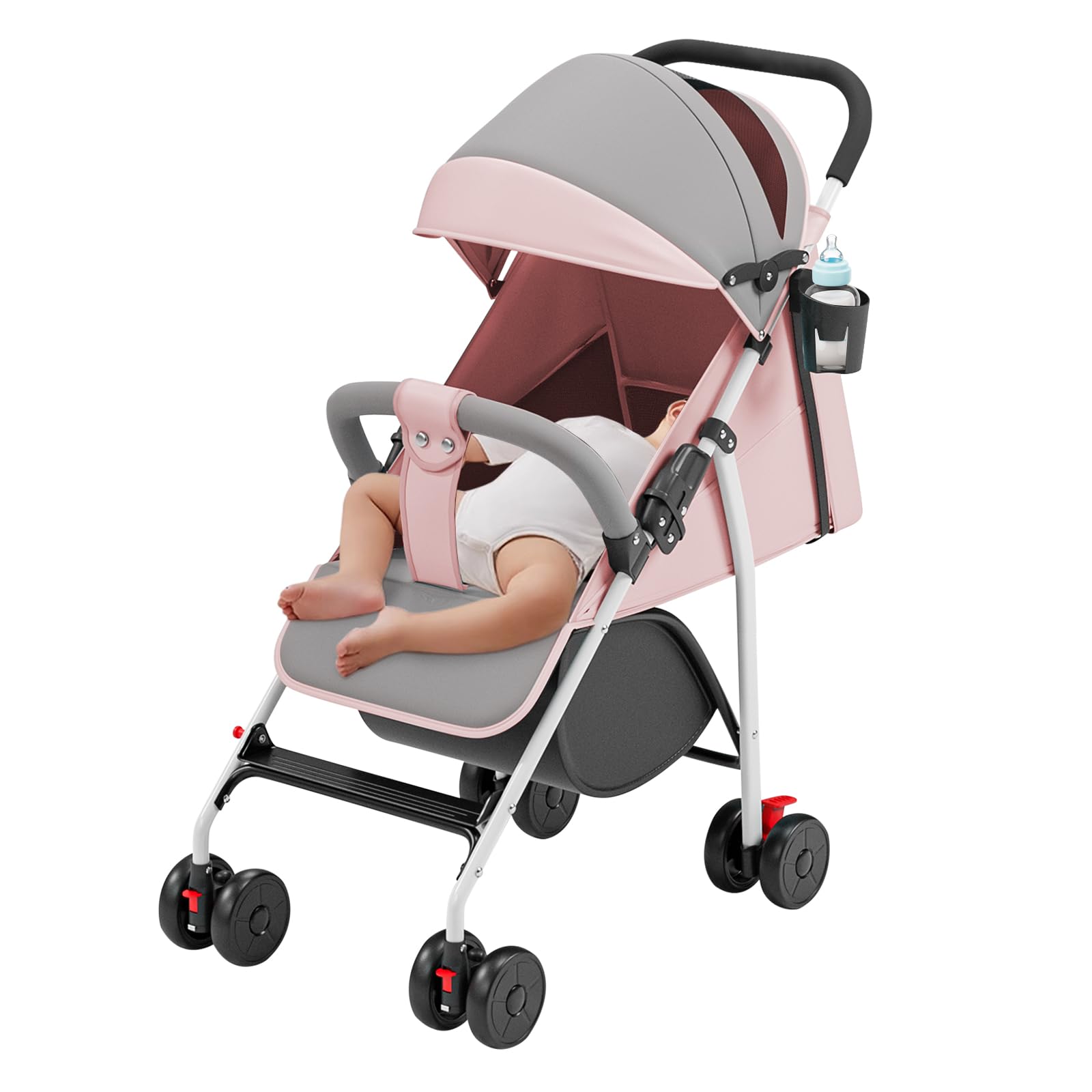 Poussette 2 en 1 pliable, légère et pratique, avec capote et ceinture de sécurité Assise et allongée, roues en mousse EVA résistantes Rose