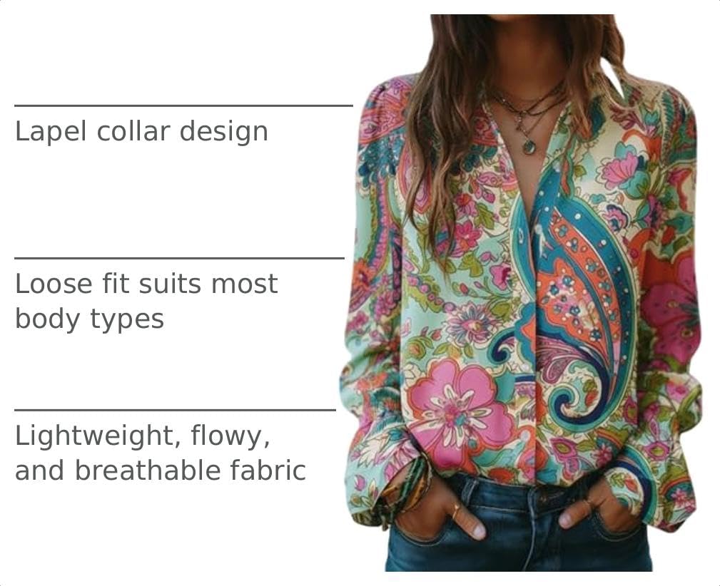 Women Boho Paisley Long Sleeve Ruffled Cuff Button Down Blouse image 4