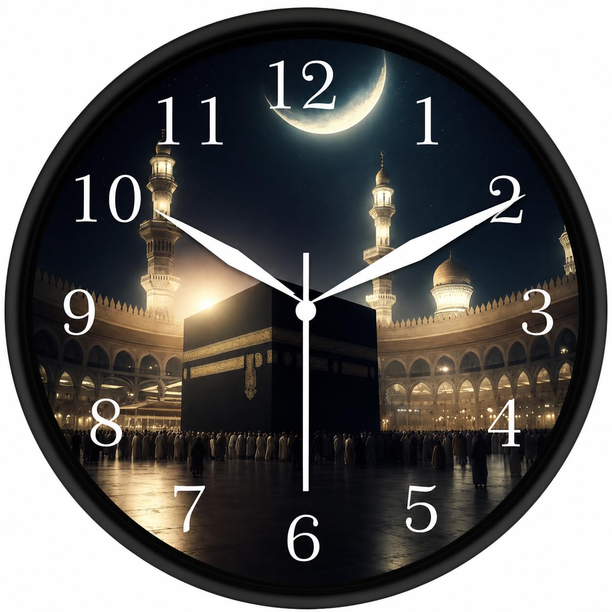 NILOY Mecca Kaaba Islamic Wall Clock 10 Inch – Silent Quartz | Holy Kaaba Night Crescent Moon Design | Muslim Religious Home Decor Clock for Prayer Room, Bedroom & Living Room-image-30
