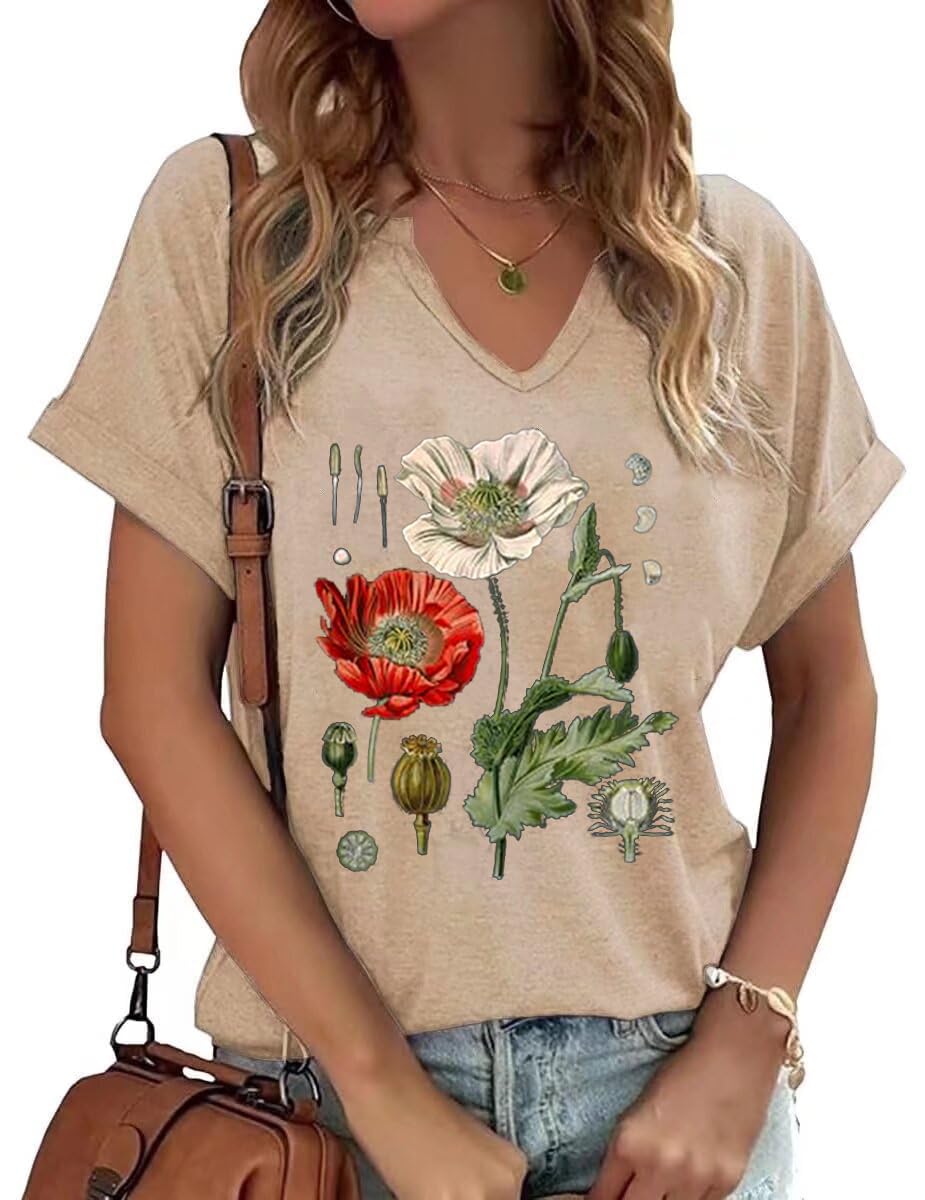 PUCKOLITY Vintage Flowers V Neck Shirt for Women Boho Floral Wildflowers Graphic Tee Casual Cottagecore Summer T Shirt