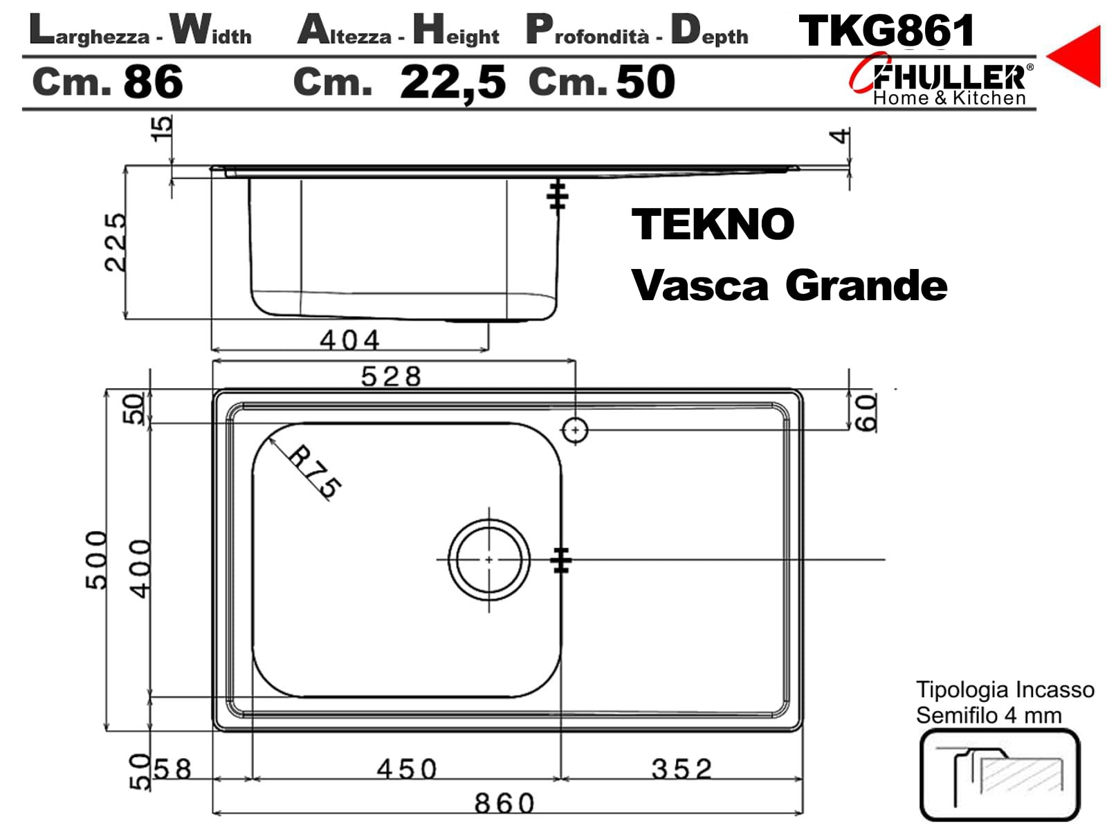 APELL Lavello LNG861IRBC Monovasca Dimensioni 87 x 50 cm