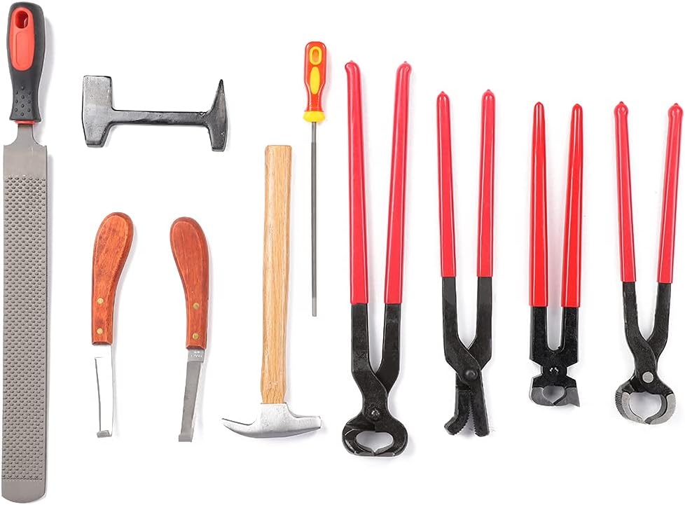 9 Piece Horse Hoof Care Kit, Professional Steel Farrier Tool Set with Ergonomic Handles for Trimming, Filing, and Shoeing, Complete Equine Grooming and Maintenance Equip
