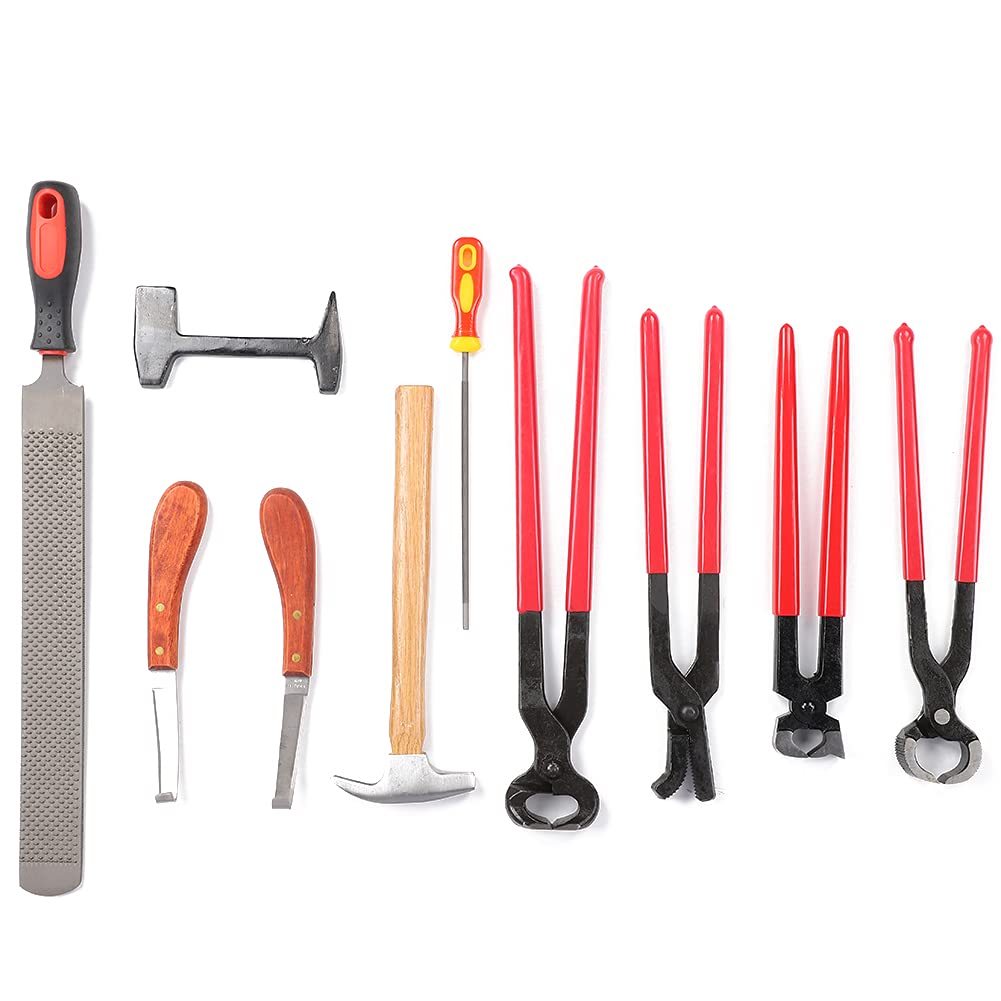 Restokki 9PCS Steel Iron Ergonomic Handle Horseshoe Trim Cutter Pliers File Nail Hammer Hoof Tool Horse Equipment