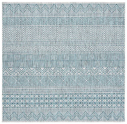 SAFAVIEH Washable Rug Outdoor Courtyard Collection - 6'7" Square, Grey & Teal, Non-Shedding & Easy Cleaning, Ideal for Patio, Backyard, Mudroom (CY8196-37212)