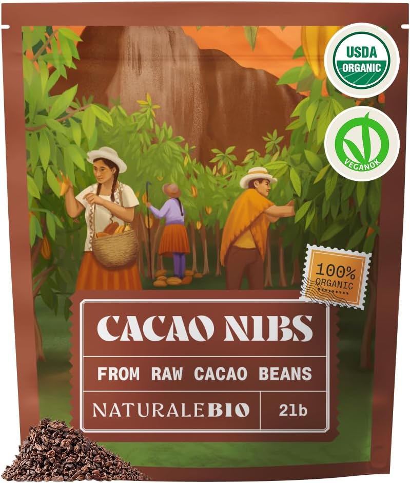 NaturaleBio Cacao Nibs Organic 2 lb. Unsweetened, Non-Alkalized and Pure. Sugar-Free Dark Chocolate Chips Substitute. Non-GMO, Gluten Free, Tested for Heavy Metals. From Raw Cacao Beans