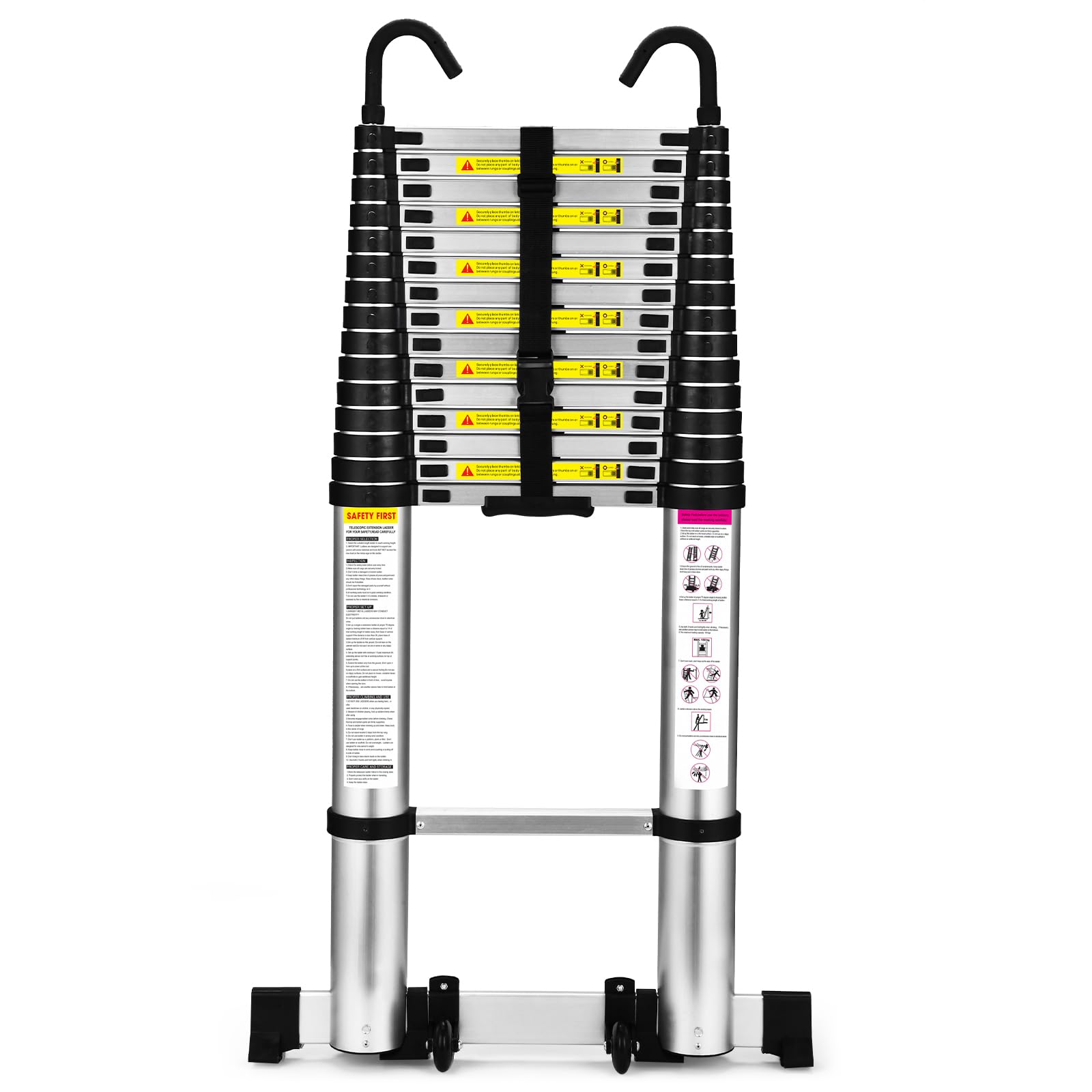 Escalera telescópica de 6.3 m con Ganchos y pies Antideslizantes, Escalera Plegable de Aluminio Ligero para altillos, Casas rodantes, Exteriores e Interiores, Capacidad de Carga de 150kg.Argentato