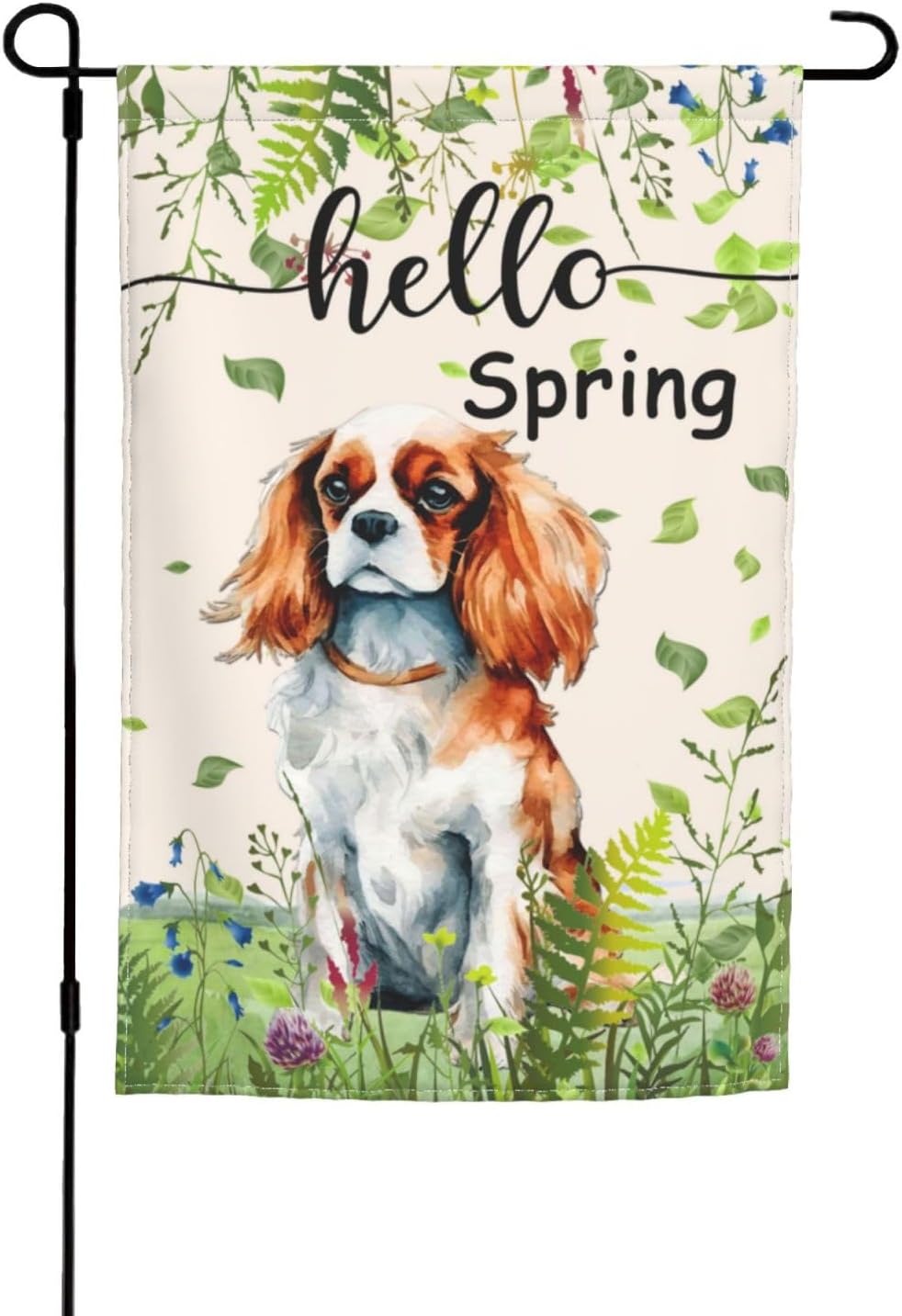 Hello Spring Cavalier King Charles Spaniel Leaf Garden Flag 12x18 Inch Double Sided Vertical Decoration Yard Small Flag For Outside Holiday Seasonal Outdoor