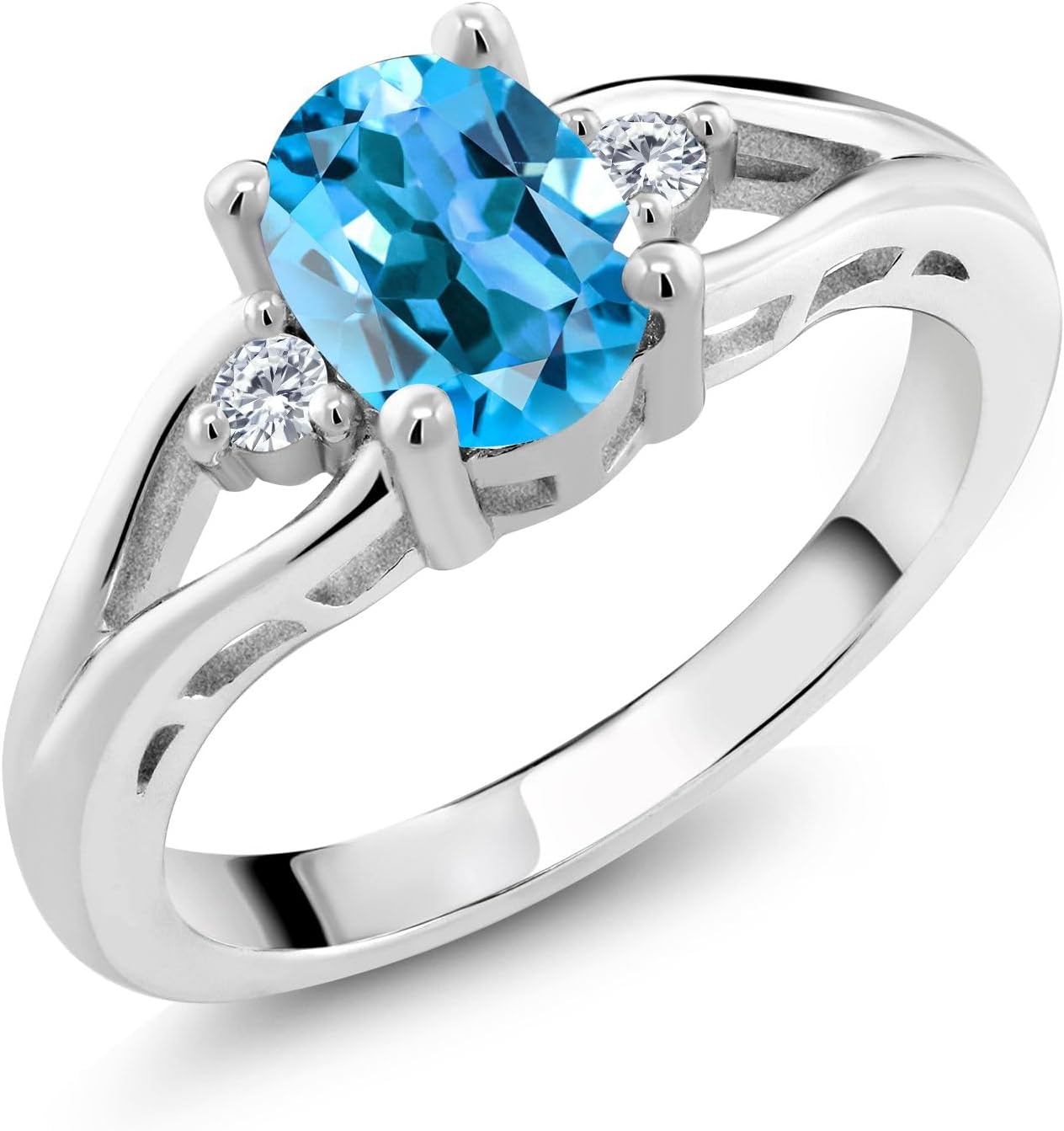 Gem Stone King 1.80 Cttw Swiss Blue Topaz and White Topaz 3-Stone Ring For Women | 925 Sterling Silver | Center: 8X6MM Oval | Three Stone Wedding Engagement Anniversary Promise Ring For Women