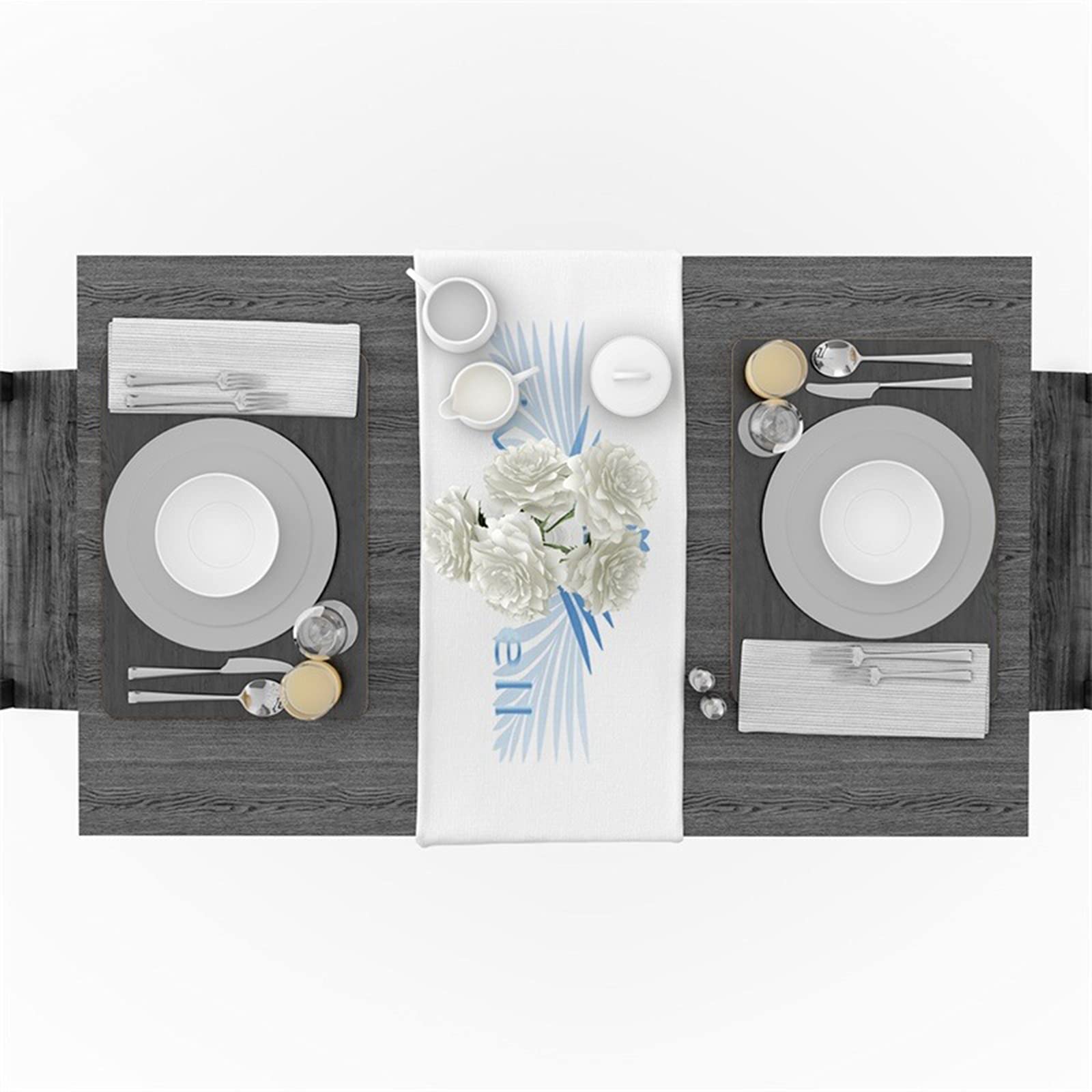 Chemin de table bleu et beige à motif feuilles pour table à thé conviviale