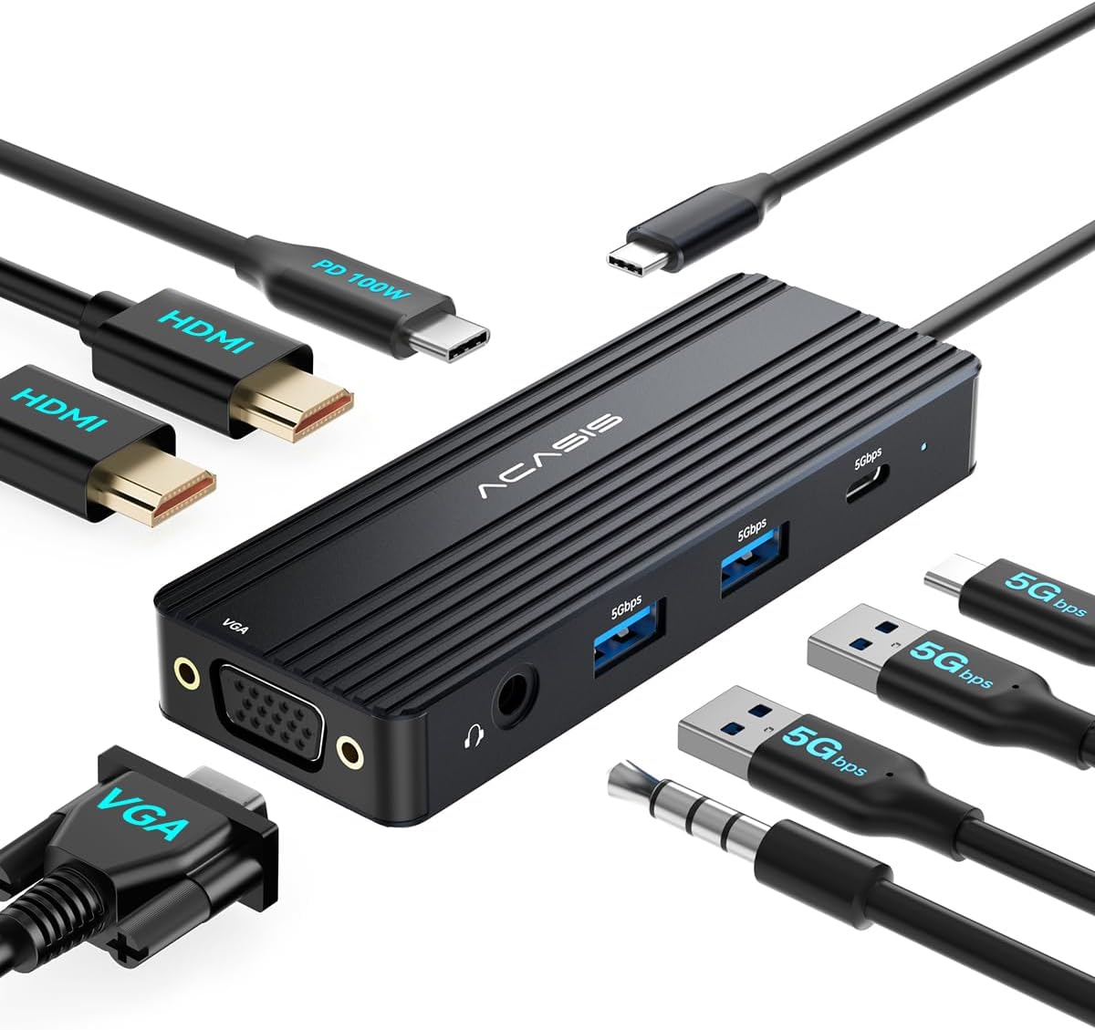 ACASIS USB C Docking Station Dual Monitors,8-in-1 Laptop Docking Station with Dual Monitor 2*HDMI +VGA +3 * 5G USB-A/C+3.5MM Audio+PD100W, Laptop Dock for Dell/HP/Lenovo ThinkPad（Black）