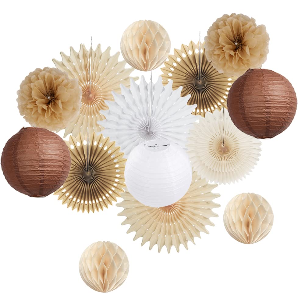 Beige and Brown Party Decorations Paper Fans Cream Hanging Lantern Honeycomb Ball Boho Neutral Brown Birthday Decorations for Baby Shower Rustic Wedding Bridal Shower Engagement Party