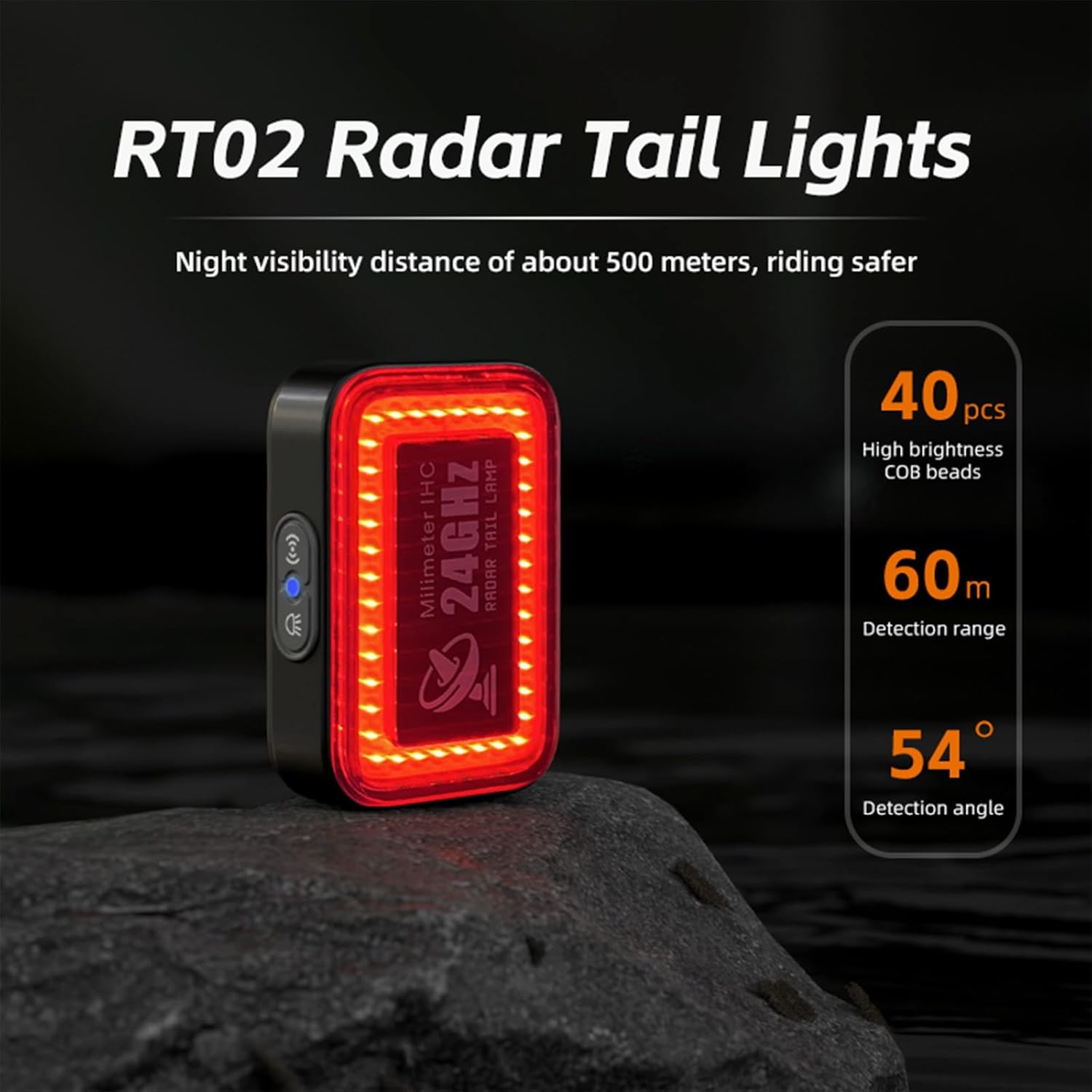 Bike Radar Tail Light with 24GHz Radar Detection, Active Alert & Brake Sensing, 500m Visibility, 5 Modes for Road/MTB Cycling Safety Light, Vibration Wake-Up, IP64 Waterproof, Type C