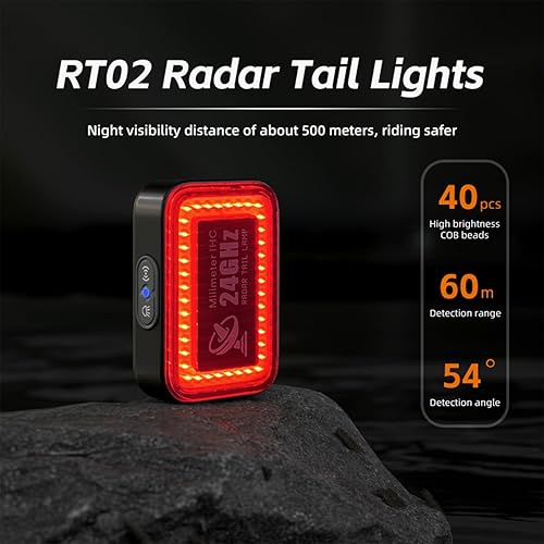 Miniatura 5 de Luz trasera de radar para bicicleta con detección de radar de 24 GHz, detección activa de alerta y freno, visibilidad de 1,640.4 ft, 5 modos para