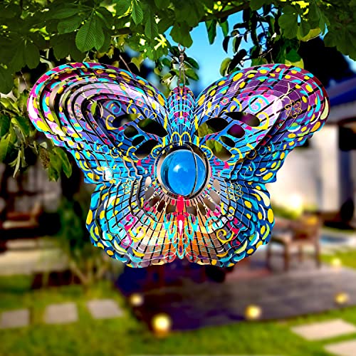 Fonmy Mandala Wind Spinner W/Crystal Ball-Butterfly 3D Stainless Steel Hanging Spinners Worth Gift Christmas Decoration Indoor/Outdoor Garden Décor Kinetic Yard Art 12 Inches Wind Sculpture #TOP3