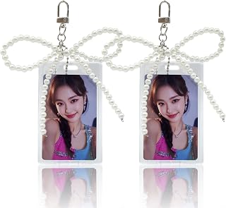 2 Sets Photocard Holder with Pearl Bow Keychain Charm Badge Holders Cute, Transparent 3 Inch PhotoCard Display Holder Photo Card Holder, Acrylic Id Bus Card Holders Y2K Accessories