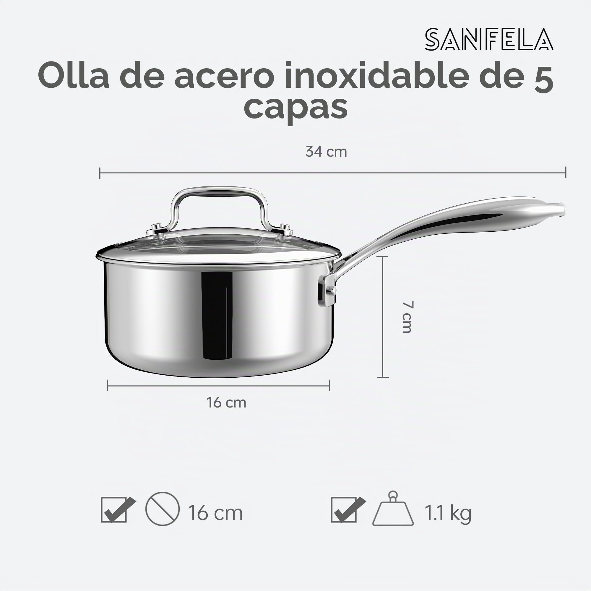 Olla Acero Inoxidable 5 Capas con Tapa Cristal, 16 cm/1.4 L