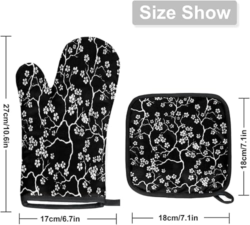 Miniatura 2 de Juego de manoplas de horno y soportes para ollas con diseño de cerezo negro, resistentes al calor, antideslizantes, guantes de horno y almohadillas